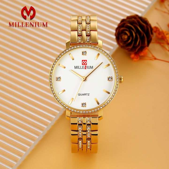 Millenium F050 Waterproof Diamond Studded Elegant Quartz Watch for Women - White/Golden