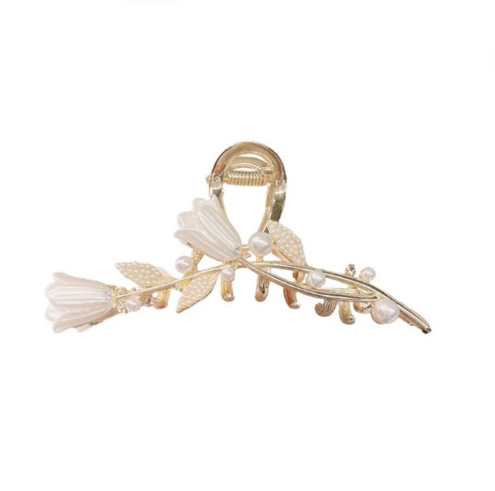 Masala Beads Tulip Flower Catch Claw Grab Clip With Pearl Design Hair
