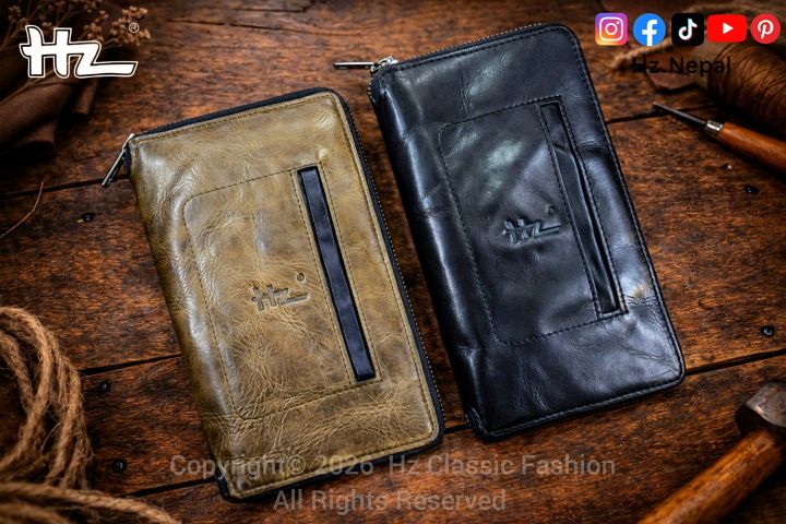 Hz Genuine Leather Long Wallet Vintage Zip-around Clutch with External Card Slot & Multi-Card Organizer, Large Capacity Travel Purse for Men & Women