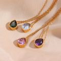 basic luxury pink purple white green teardrop stone crystal pendant necklace jewelry gift  stainless steel necklaces for women. 