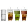 Portable 600ml Capacity Glass Tumbler With Lid and Straw Transparent Glasses Stripe Glass Cup Heat Resistant Reusable Coffee Mug for Juice Water and Iced Coffee Drinkware. 