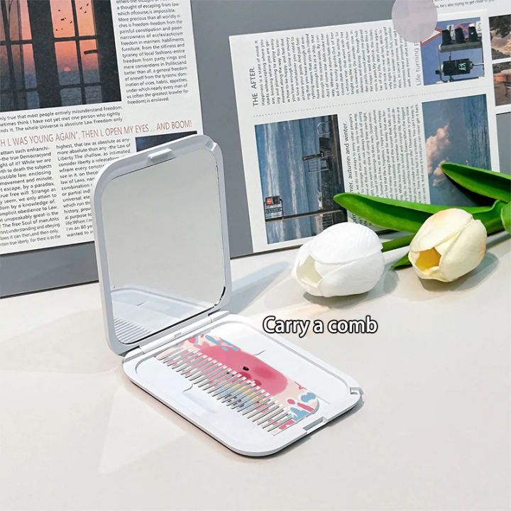 Cute Ruby Pattern Portable Clamshell Mini Folding Makeup Mirror With Comb Gift For Women Beauty Tools Gener