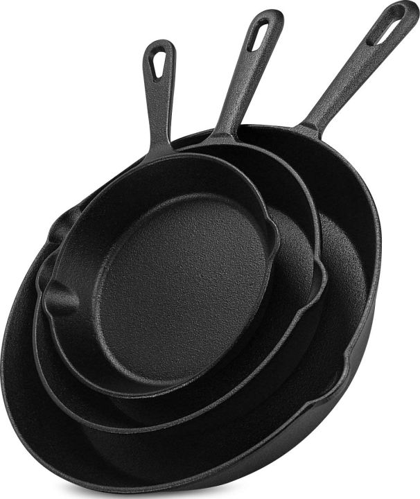 3 Piece Set of PreSeasoned Cast Iron Frying Pans - Black