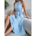 Women'S 2025 Summer Sleeveless Halter Neck Pleated Midi Cocktail Dresses A Line Flowy Beach Sun Dress. 