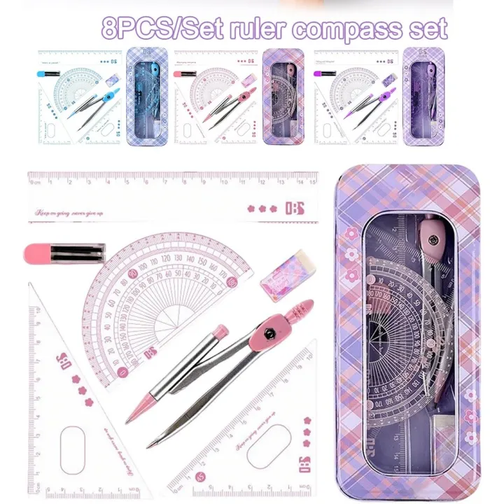 8pcs Ruler 8PCS High Quality Plastic Ruler Compasses Set Eraser Transparent ...