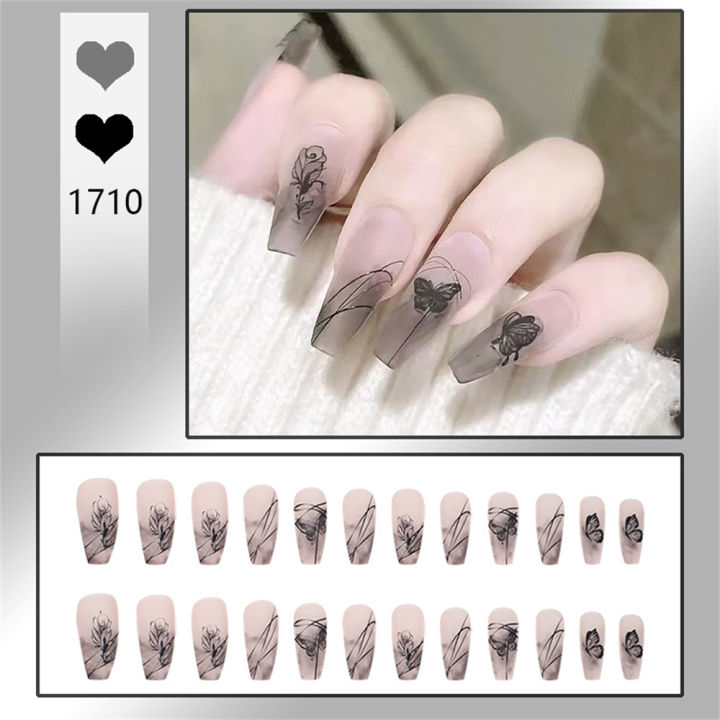 24pcs%20Matte%20Y2k%20Nails%20Press%20On%20Long%20Coffin%20Frosted%20Chinese%20Style%20False%20Nails%20With%20Ink%20Painting%20Designs%20Full%20Cover%20Nail%20Tips%20-%20Image%202