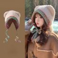 Cute Bear Ear Knitted Woolen Hat Windproof Thickened Ear Protection Cap Keep Warm Beanies Cap for Women. 