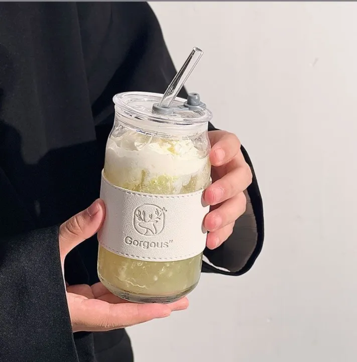 Pebbles%20Nepal%20Iced%20Coffee%20Cups%20with%20Lids%20and%20Straws%20%7C%20400ml%20%7C%20Thick%20Wall%20Glass%20Tumbler%20with%20Insulated%20Leather%20Sleeve,Cute%20Juice%20Mugs,Travel%20Sipper%20for%20Cocktail,%20Mocktail%20-%20Image%204