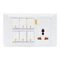6 Gang + Multi Socket Switch With Indicator And Fan Dimmer Provision White (3*5). 