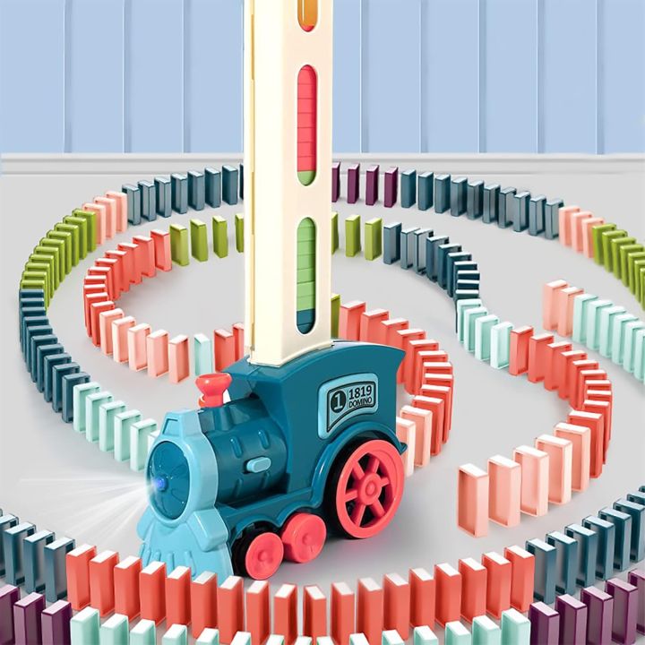 Kids Electric Domino Train Set with Brick Blocks Building Stacking Game with Light & Sound for Children (3-12y)