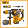 INGCO 1500W SDS plus Rotary Hammer Drill 32mm With Anti-Vibration For Hammer Drilling in Concrete, Brick and Stone,Include 3 Drills and 2 Chisels With Case RH150028. 