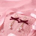 The Diva Box Chinese Red Series Bow Tassel Earrings – Silver Needle Zircon & Pearl Chain Pendant Dangles for Women. 