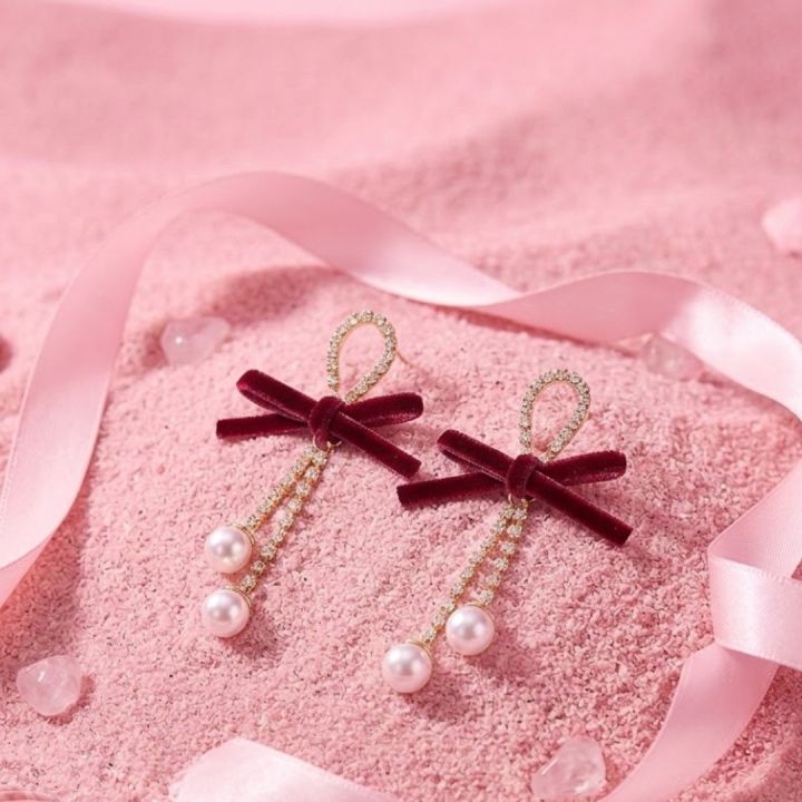 The Diva Box Chinese Red Series Bow Tassel Earrings – Silver Needle Zircon & Pearl Chain Pendant Dangles for Women
