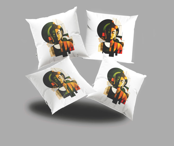 Set of 4 Abstract Buddha Art  Printed Cushions Cover with Filling 16x16– Set of 4