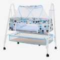 Blue Baby Cradle With Mosquito Net, Storage And Wheels. 