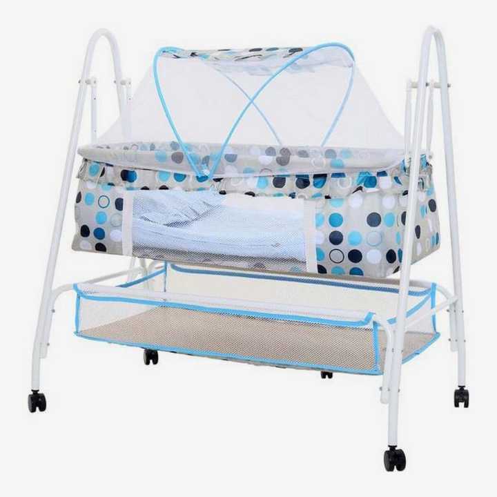 Blue Baby Cradle With Mosquito Net, Storage And Wheels