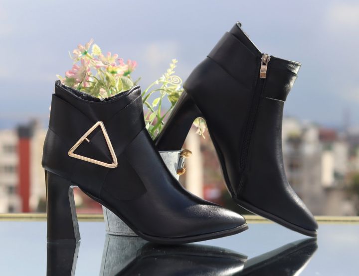Veloria – Ladies’ Elegant Premium Black Ankle Boots with Gold Accent