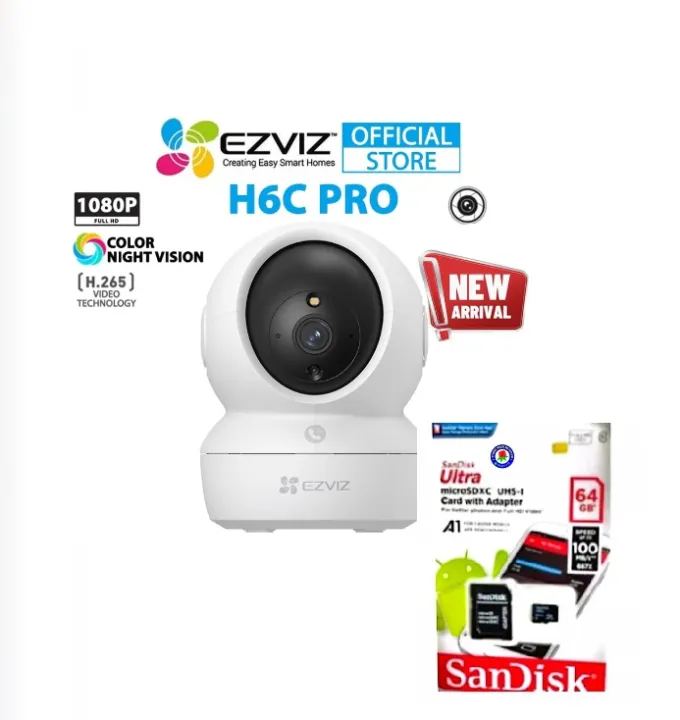 Ezviz H6C Pro 2MP Indoor Pan & Tilt Wired/Wireless CCTV Camera With Smart Night Vision ( Sandisk 64 GB Memory Card Included )