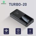 Green Turbo-20 | 20000mAh Fast Powerbank | 22.5W | PD Fast Charging | Attached Wire | Digital Display | Six Months Warranty | QC 3.0 | Two Way Fast Charging | Triple Ports Output | Double Ports Input | Portable Powerbank | Black& White Colors. 