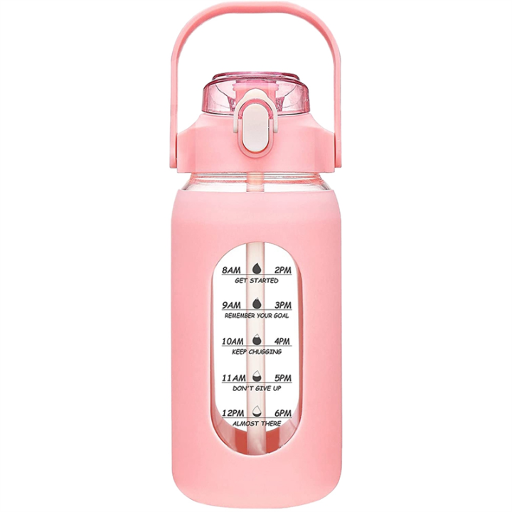 64Oz Glass Water Bottles with Straw, Glass Bottle Pink