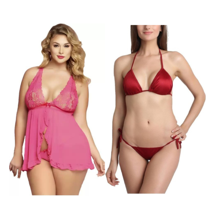 Women Satin Babydoll Lingerie with G-String Panty Pack of 2 Multicolor