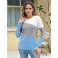Women'S Color Block Tops Casual Long Sleeve Tunic Round Neck Pullover Shirts White & Blue L. 