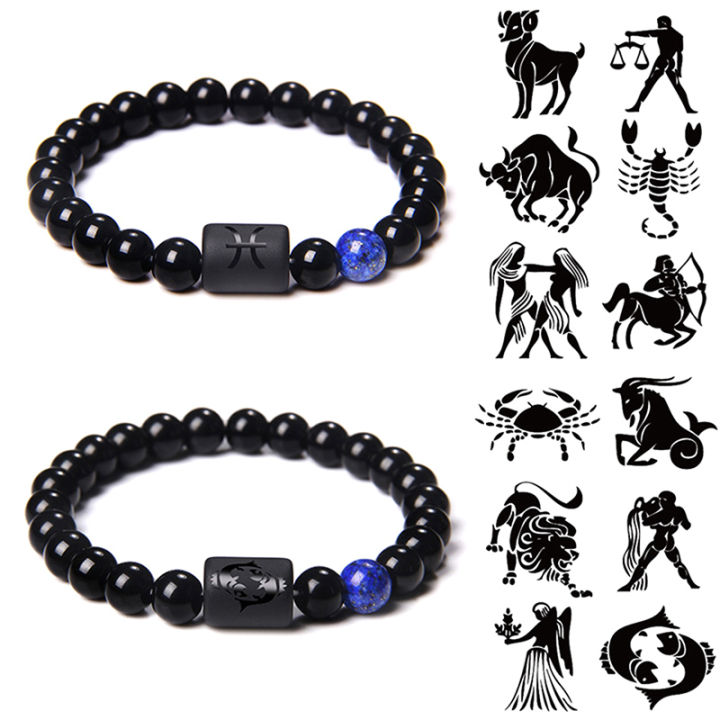 12 Constellation Zodiac Signs Beads Couple Bracelet Natural Black Onyx Stone Elastic Charm Bracelet for Men MNP