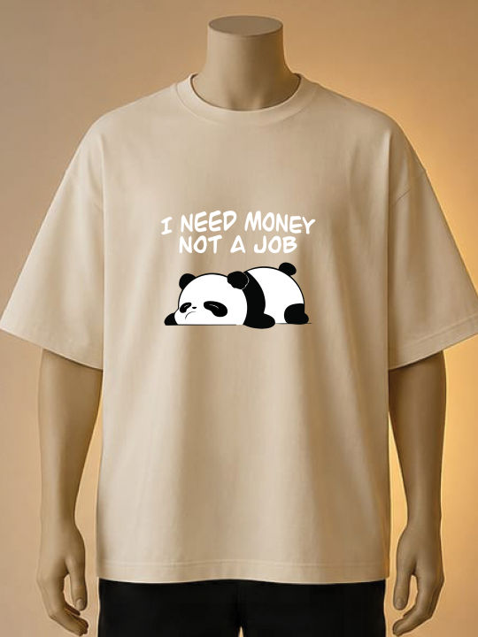 "I Need Money Not A Job" Lazy Panda T-Shirt-Cream, Maroon, Black