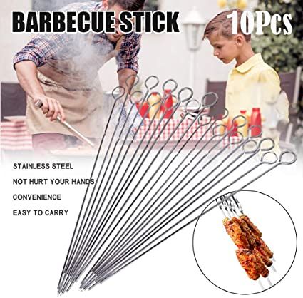 Barbecue Skewers ,10Pcs Stainless Steel Barbecue String with Wooden Handle BBQ Stick Needles