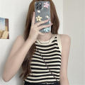 Summer Korean Stripe Knitted Tank Top Women Round Neck Sleeveless Slim Camisole Cuilei. 