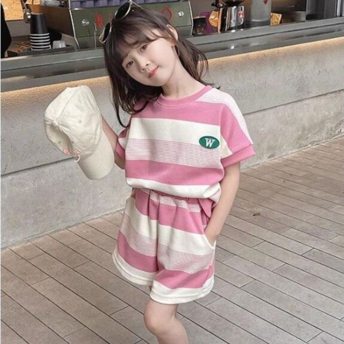 2025 New Girls Summer Dress Set Cute Children's Foreign Fashion Clothes Baby Summer Short Sleeve Two-Piece Trend