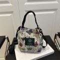 Retro Nylon Shoulder Bag Flower Pattern Comfortable Bucket Bag Large Capacity Portable Tote Bag. 