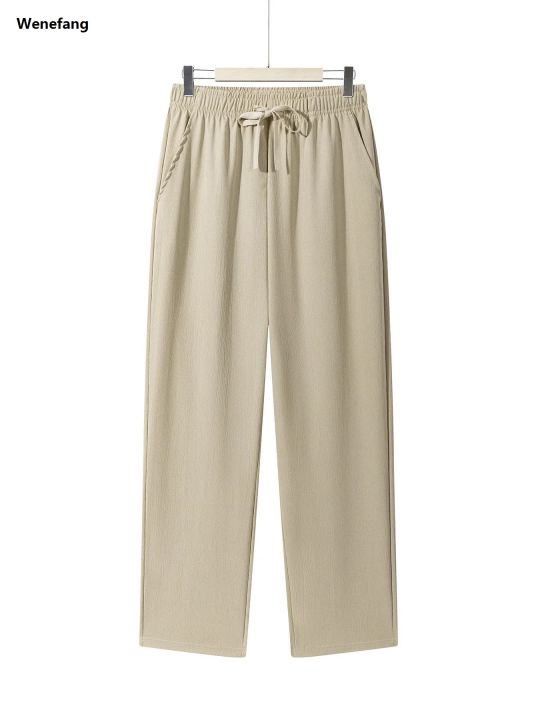 Wenefang Summer Men's Straight Trousers Casual Solid Color Breathable Fashion Drawstring Long Pants Sweatpants Streetwear Men Baggy Pants