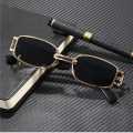 Golden Metal Thin Square Retro Trendy Sunglasses For Men - Black Lens | Fashion Polycarbonate Frame Sunglasses For Men. 