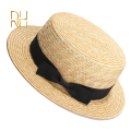 Summer Female Natural Stiff Wheat Straw Boater Fedora Top Flat Hat Women Beach Flat Brim Cap With Red Navy Stripe Ribbon RH. 