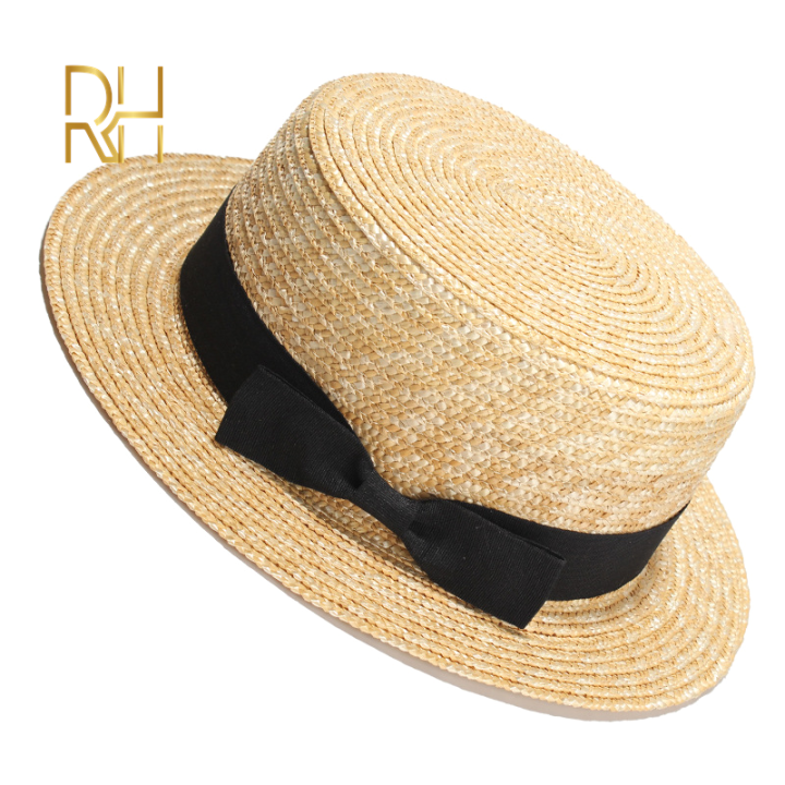 Summer%20Female%20Natural%20Stiff%20Wheat%20Straw%20Boater%20Fedora%20Top%20Flat%20Hat%20Women%20Beach%20Flat%20Brim%20Cap%20With%20Red%20Navy%20Stripe%20Ribbon%20RH%20-%20Image%204