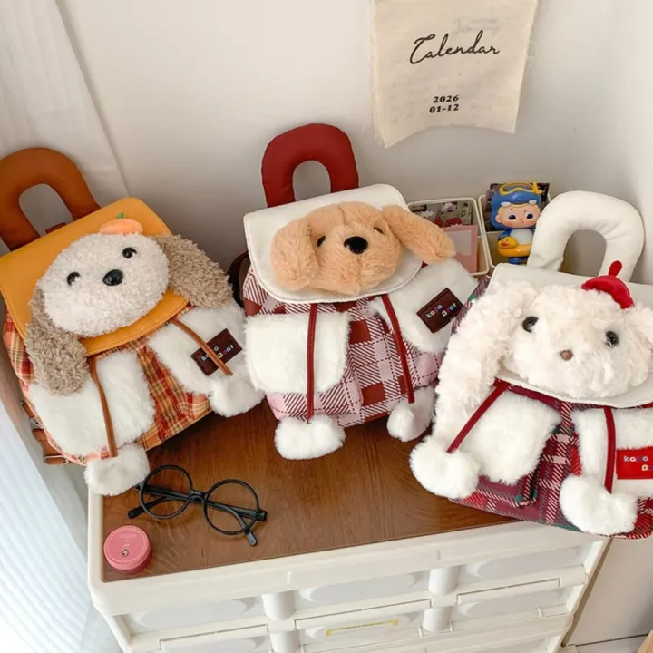 Cute%20Cartoon%20Plush%20Dog%20Backpack%20Kawaii%20Checkered%20Pattern%20Handbag%20Lightweight%20School%20Bag%20Girls%20-%20Image%205