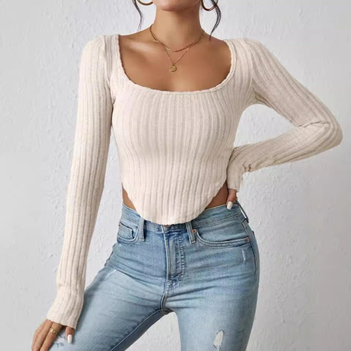 Cross-border Europe and the United States, Amazon AliExpress, 2024 autumn new square neck, long sleeves, irregular pit strip T-shirt women