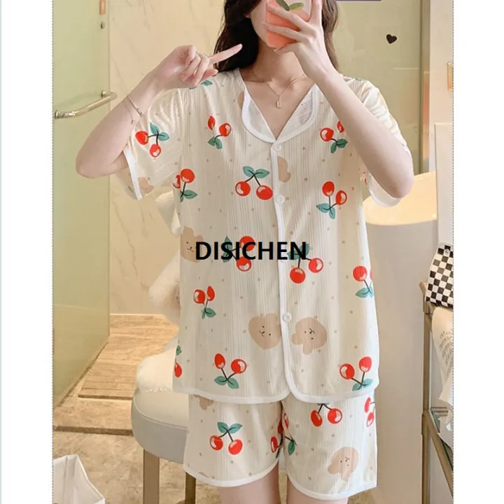 DISICHEN%20Three-Piece%20Set%20Women%20Sleepwear%20Silk%20Short-Sleeved%20Trousers%20Pajamas%20Ladies%20Cartoon%20Bear%20Cherry%20Lapel%20Cardigan%20Nightwear%202025%20New%20-%20Image%202