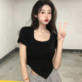 Women Short Sleeve Square Neck T-Shirt Summer Irregular Hem Slim Casual Bottom TopsNIUMAO. 