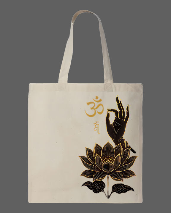 Golden%20Om%20Lotus%20Buddha%20Hand%20Printed%20Tote%20Bag%E2%80%93%20Black%20&%20White%20-%20Image%202