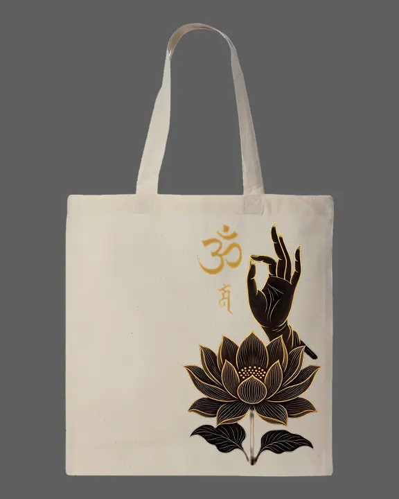 Golden%20Om%20Lotus%20Buddha%20Hand%20Printed%20Tote%20Bag%E2%80%93%20Black%20&%20White%20-%20Image%202