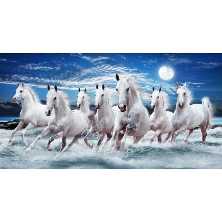 7 Horse Blue Background Wall Hang Animal Canvas Print With Wooden Frame by Suva Trades