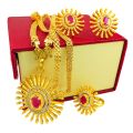 Gold Plated Panchadhatu Sun Shaped White Stone Jewellery Set With 2 Earrings, 1 Necklace And 1 Free Size Ring For Women. 