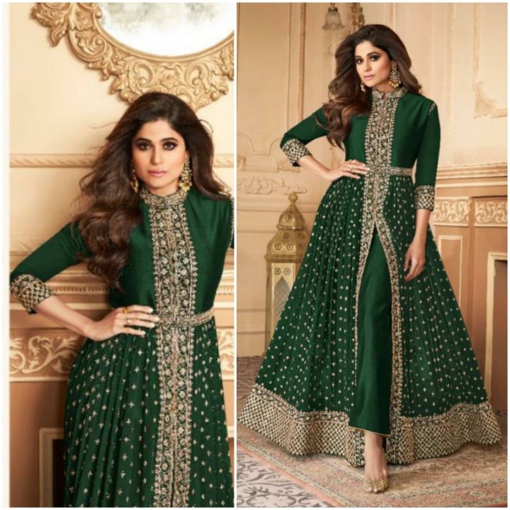 Green Pure Georgette Semi-Stitched Partywear Gown For Women