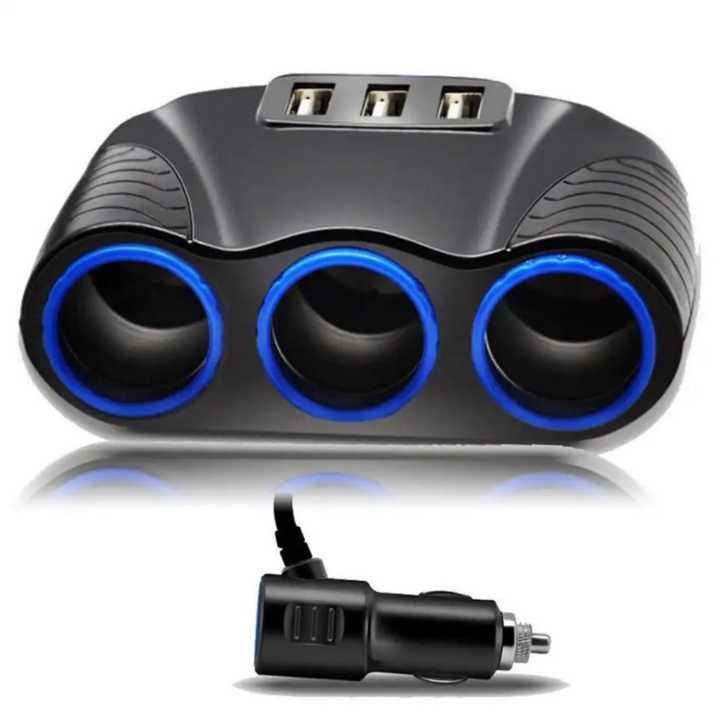 3 USB Port 3 Way 3.1A Blue Led Car Cigarettes Lighter Socket Splitter Hub Power Adapter 12V-24V