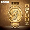 SKMEI 9193 Gold Dragon Quartz Luxury Stainless Steel Alloy Business Waterproof Wristwatches For Men | Dial Color May Differ. 