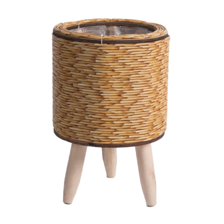 Vintage Imitation Rattan Woven Flower Shelf Handmade Storage Basket with Wooden Legs Plant Pot Stand Holder Easy Install ,E