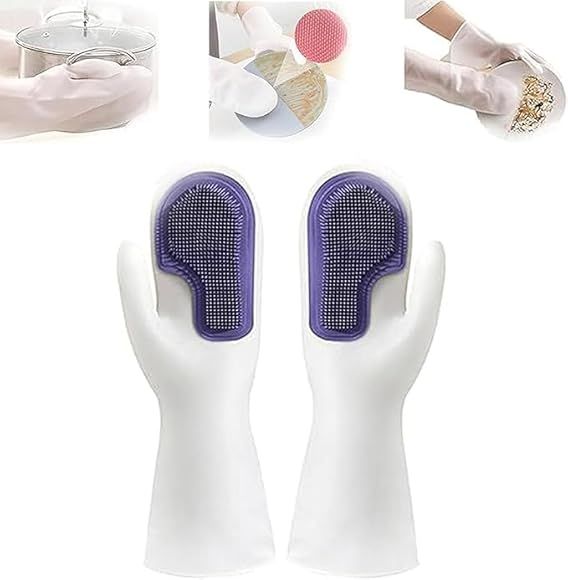 Mop Gloves, Dishwashing Gloves, Reusable Cleaning Gloves with Cleaning Brush, Hand Protection and Heat Resistant for Kitchen Bathroom