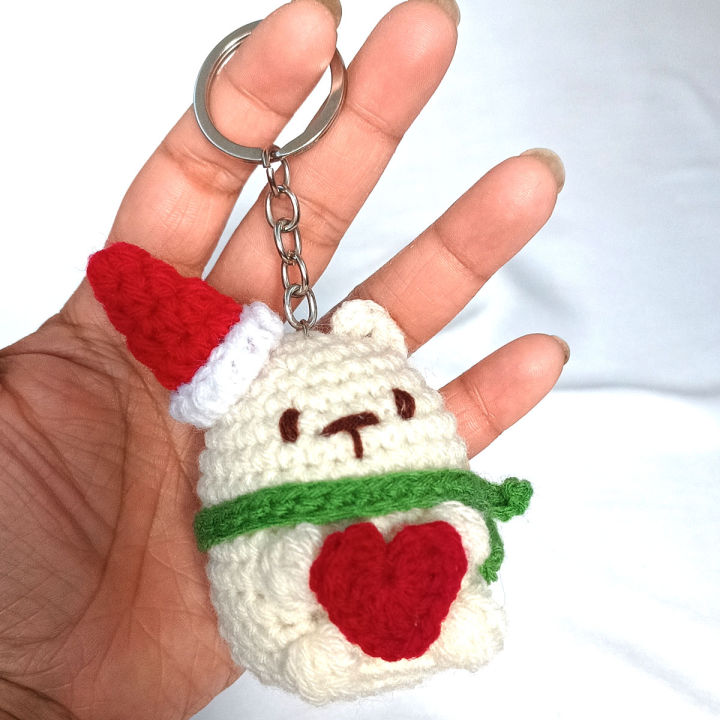 Crochet Mini Bear with Red Hat & Red Heart For Valentines Day Keychain/ Keyring For Everyone